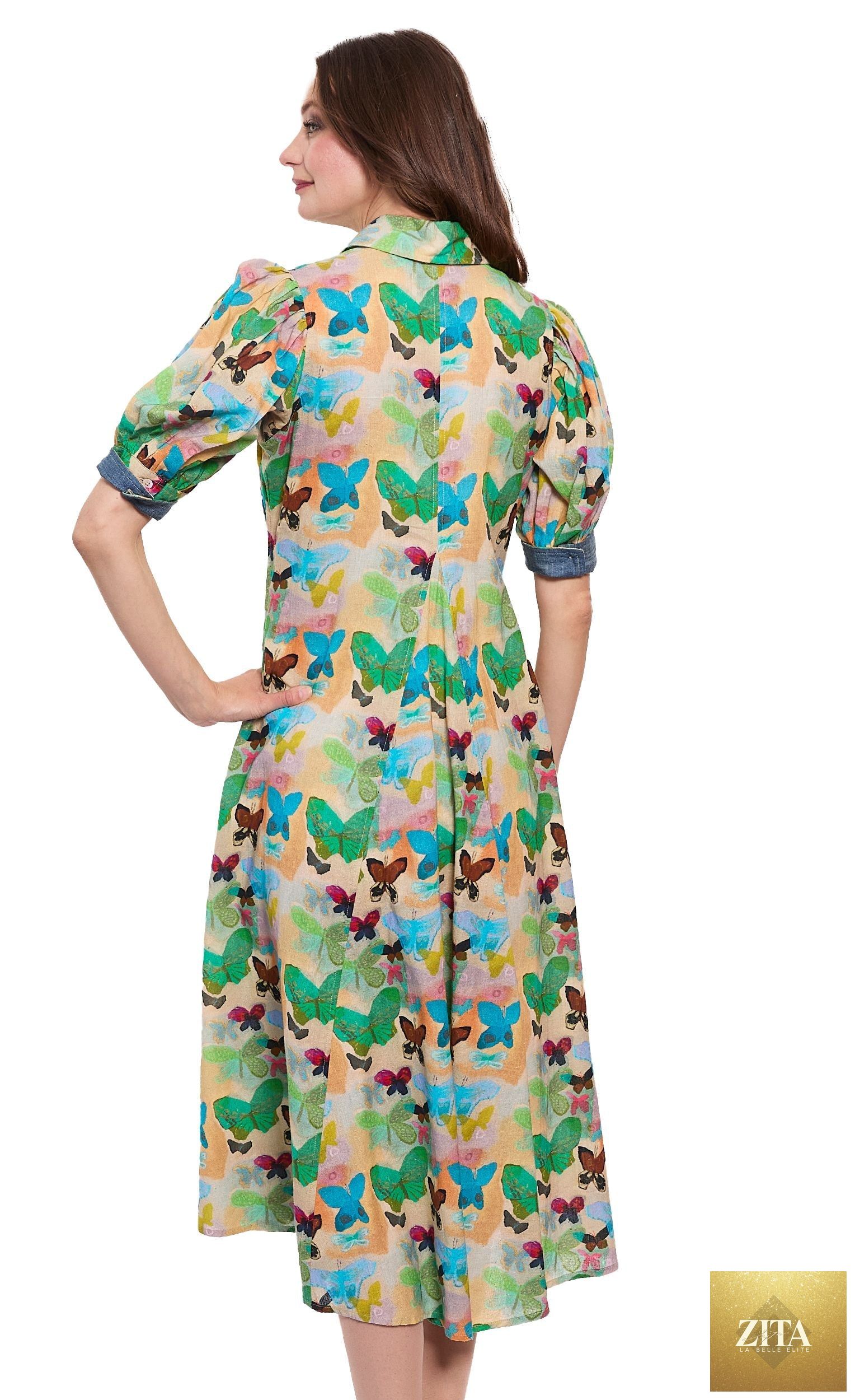 Montauk Dress Linen Cotton Neutral Butterfly Print