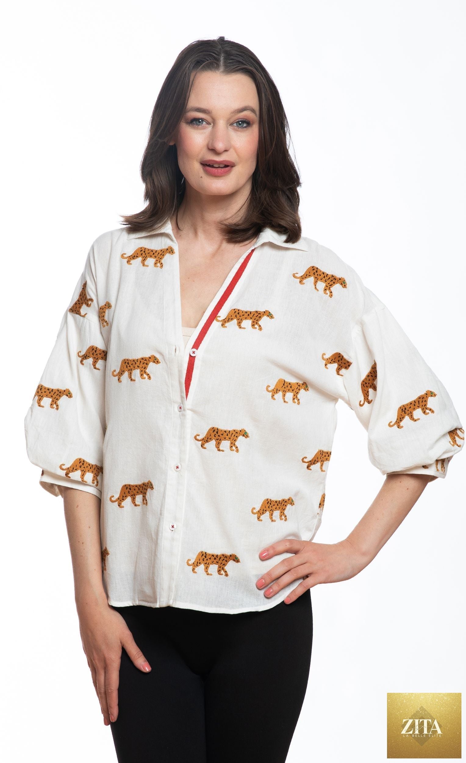 Milano Top Ivory Embroidered Cheetahs