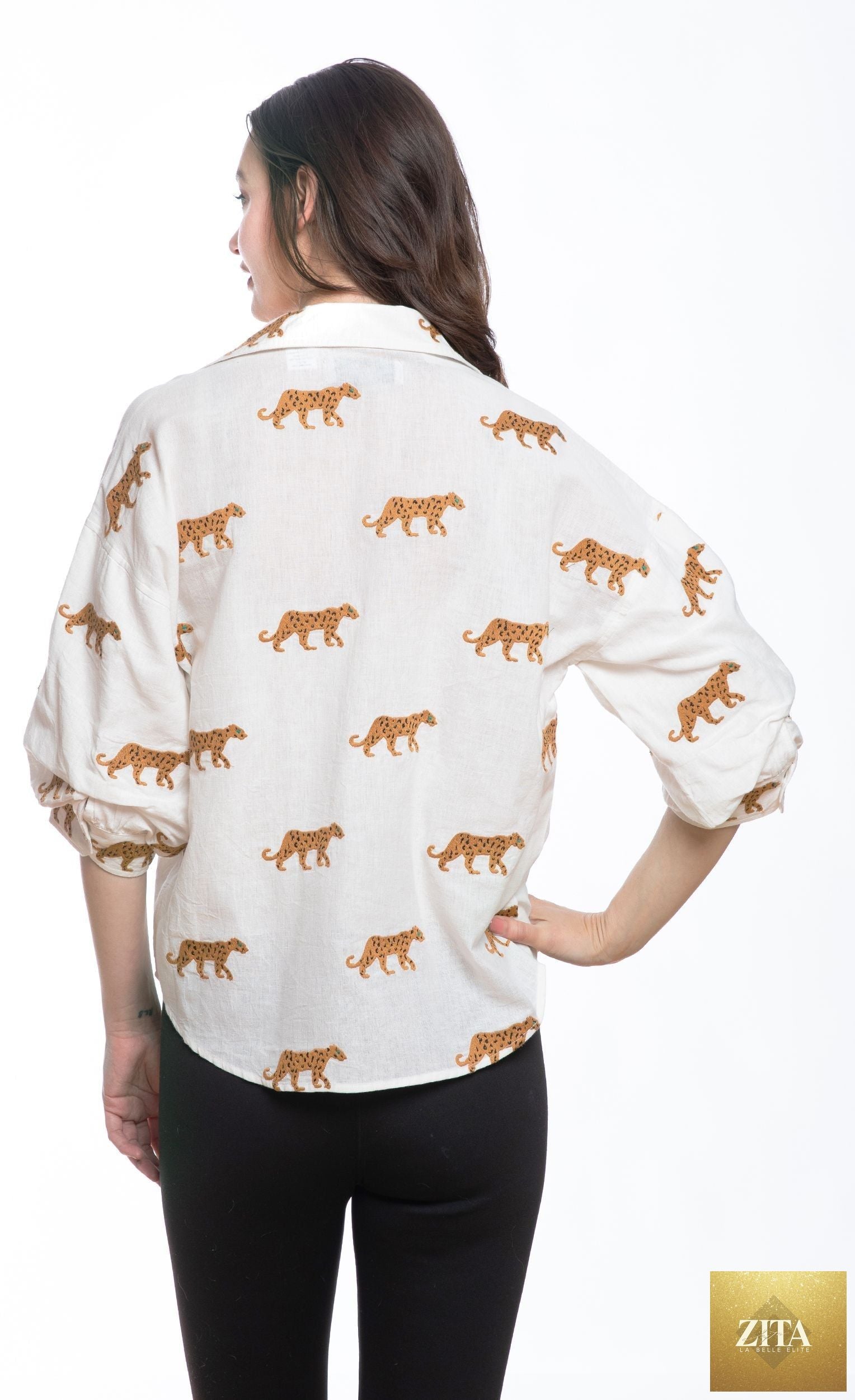 Milano Top Ivory Embroidered Cheetahs