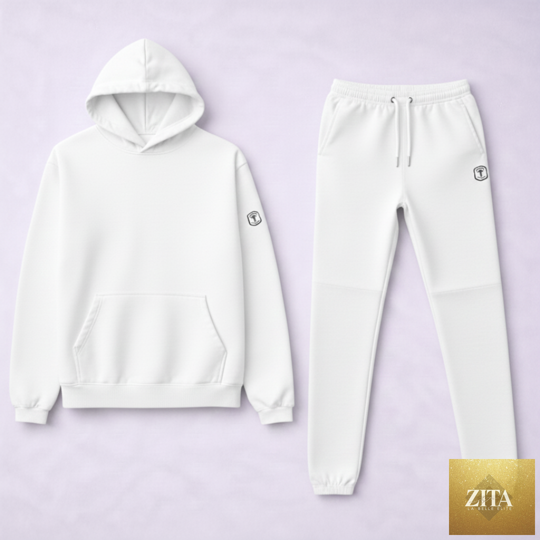 Kinetix Casual Luxury women's polar white sweatsuit set featuring a relaxed fit sweatshirt and matching sweatpants.