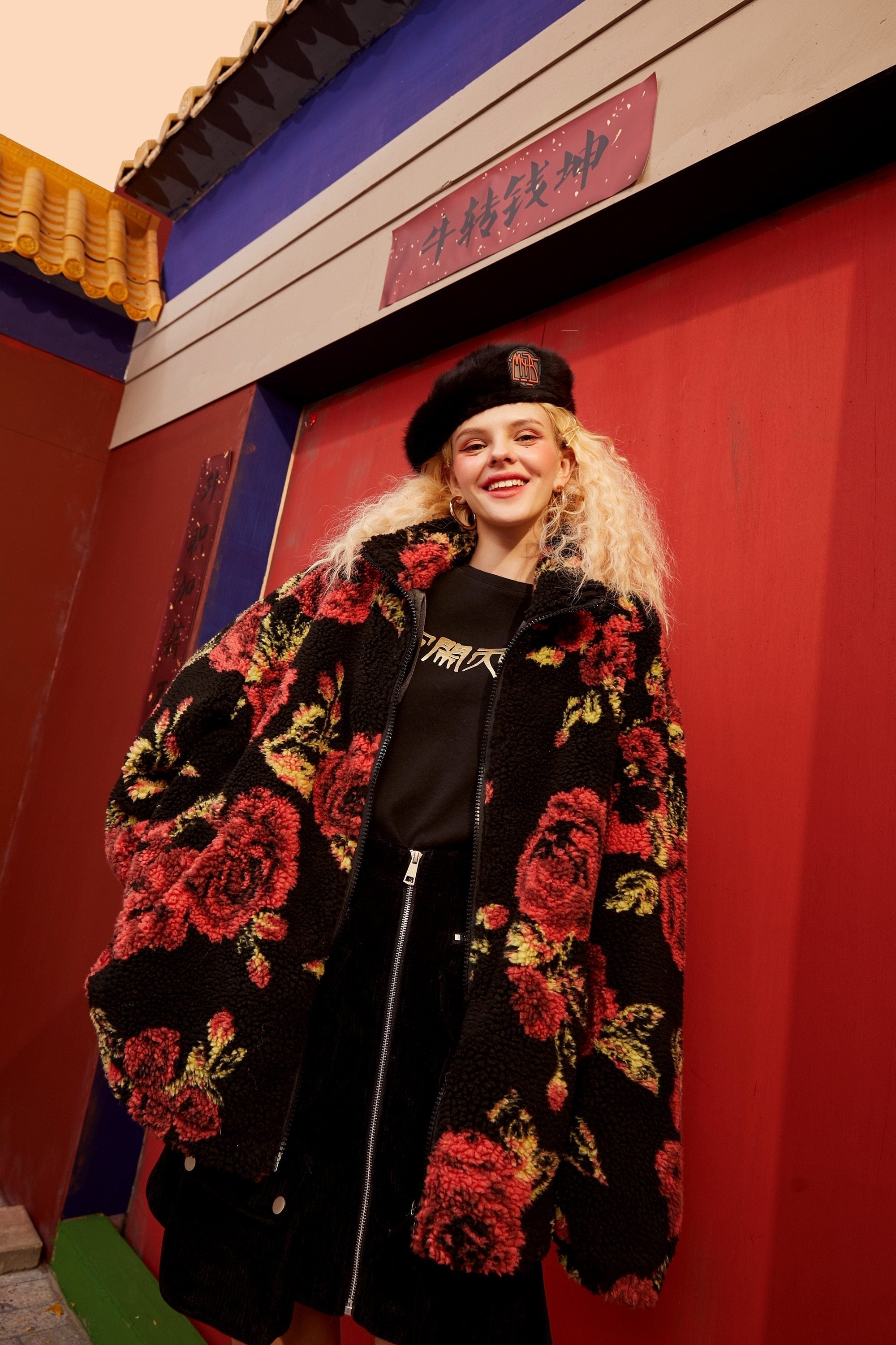 Rose Jacquard Zipper Oversize Women Teddy Jacket,Spring Vintage Full Yellow Angel