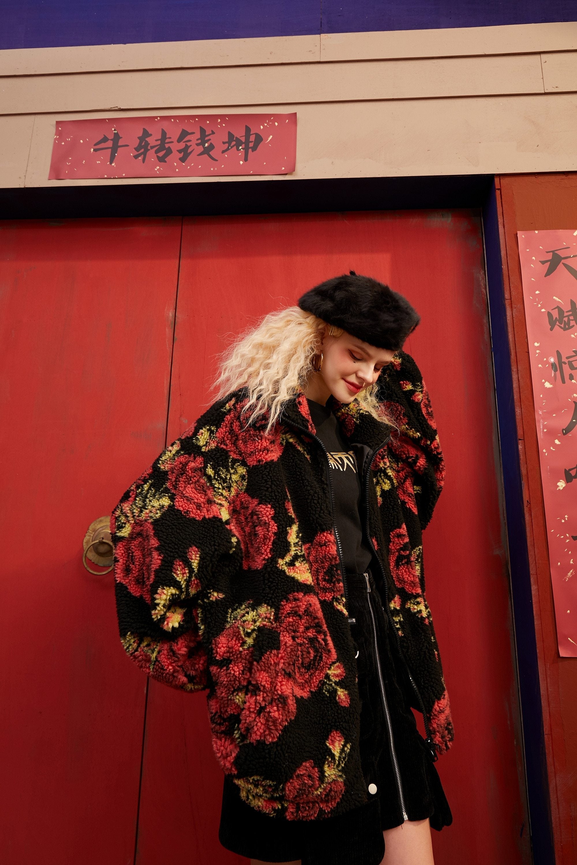 Rose Jacquard Zipper Oversize Women Teddy Jacket,Spring Vintage Full Yellow Angel