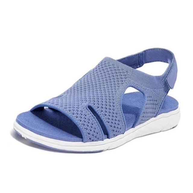 Blue Stevvex women's summer sandals with buckle strap, open toe slip-on flats, casual beach style, modern square toe design