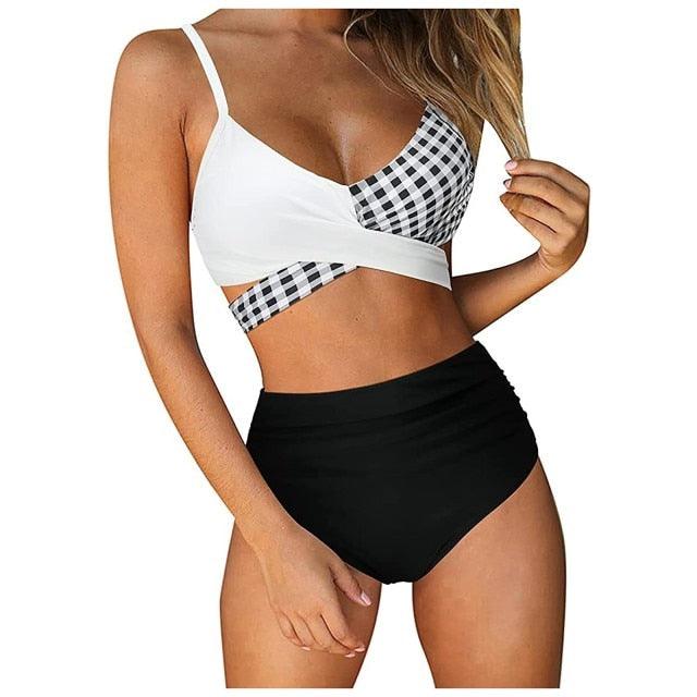 Stevvex modern floral bikini set with high waist, crisscross design, and string ties, featuring colorful flower print for women.