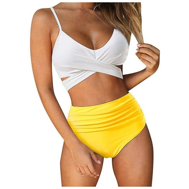 Stevvex modern floral bikini set for women, two-piece high waist swimsuit with crisscross design and flower print, summer beachwear