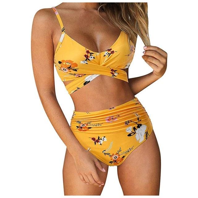 Stevvex modern floral bikini set with high waist, crisscross design, and string ties, featuring colorful flower print for women.