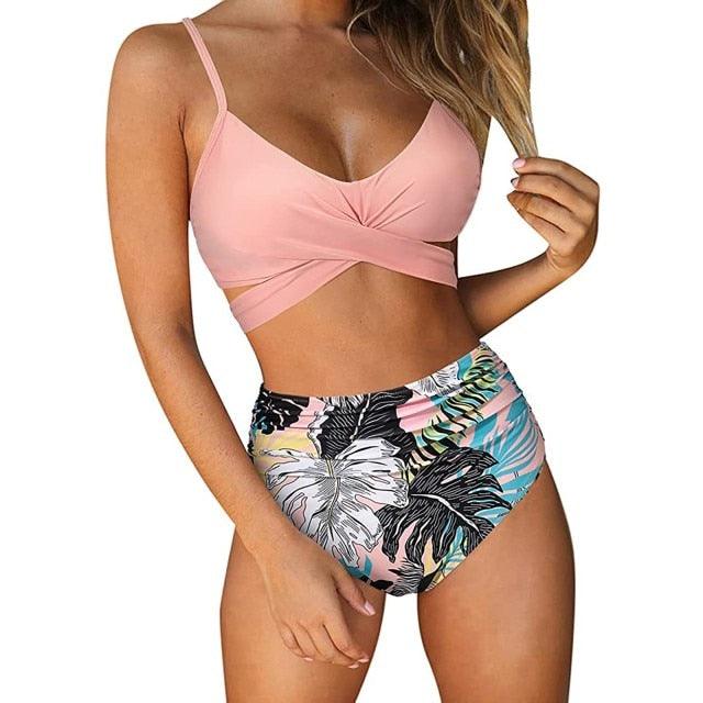 Stevvex modern floral bikini set featuring high waist, crisscross design, string ties, and colorful flower print for women.
