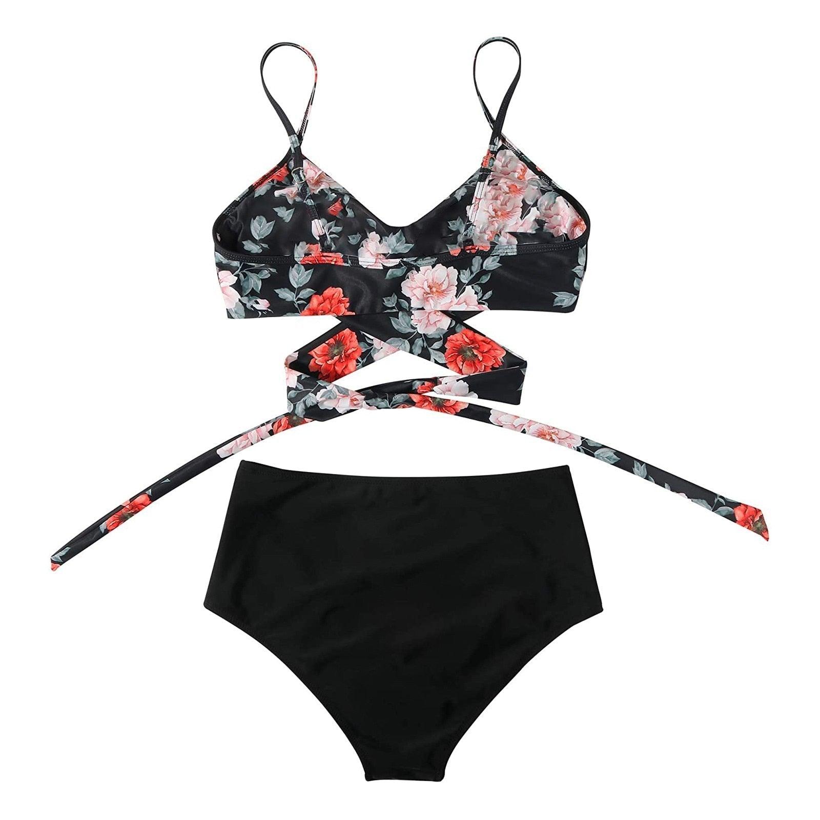 Stevvex floral bikini set with high waist crisscross top and matching floral shorts, perfect for summer beachwear.