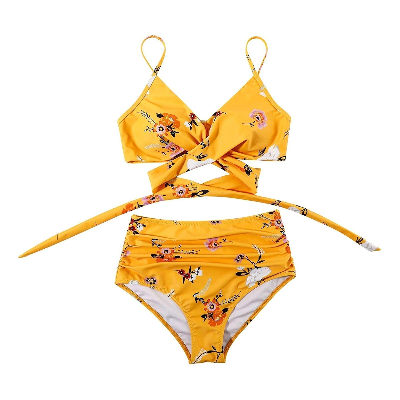 Stevvex modern floral bikini set with crisscross high waist design, featuring a two-piece flower print swimsuit for women.