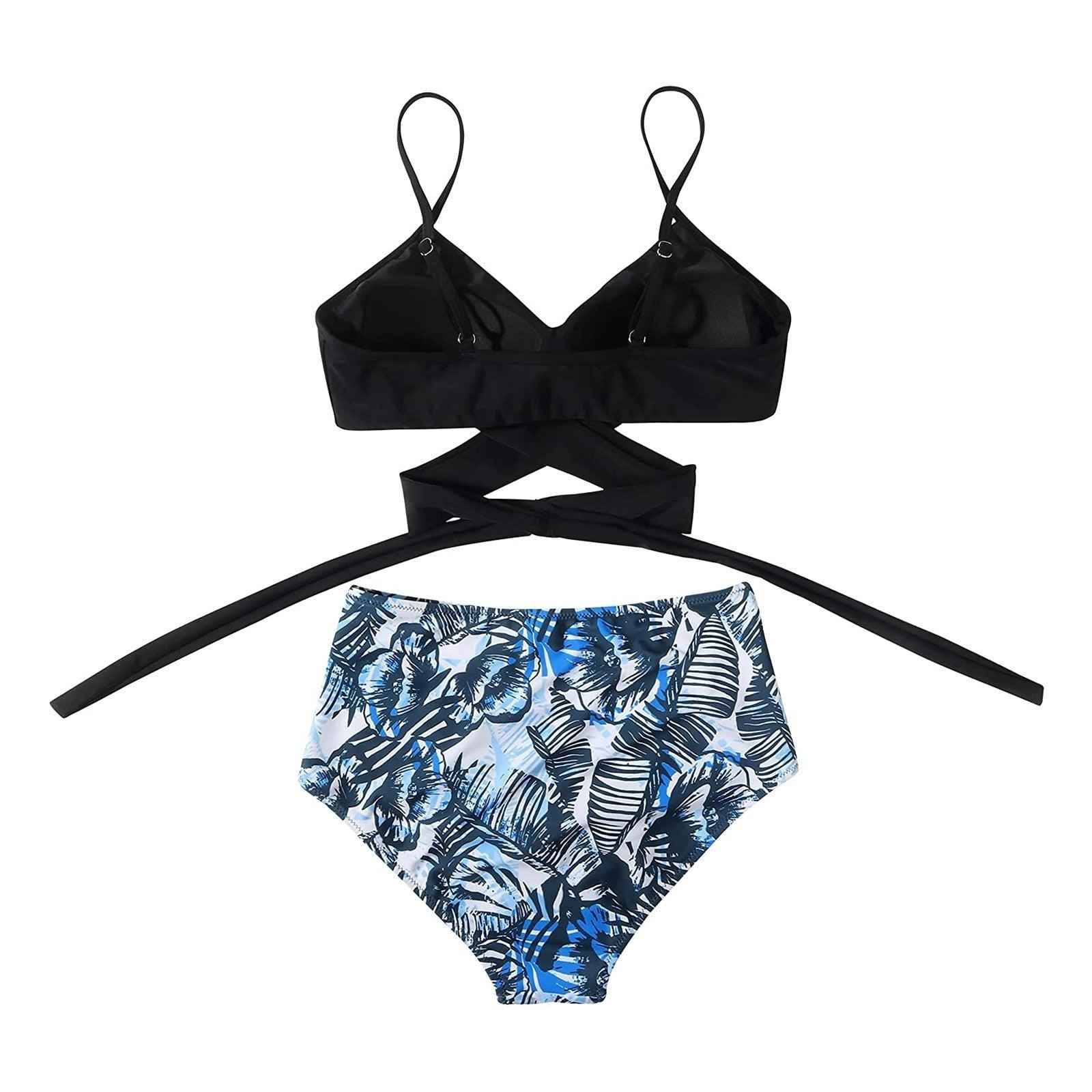 Stevvex modern floral bikini set for women featuring high waist, crisscross design, string ties, and colorful flower print.