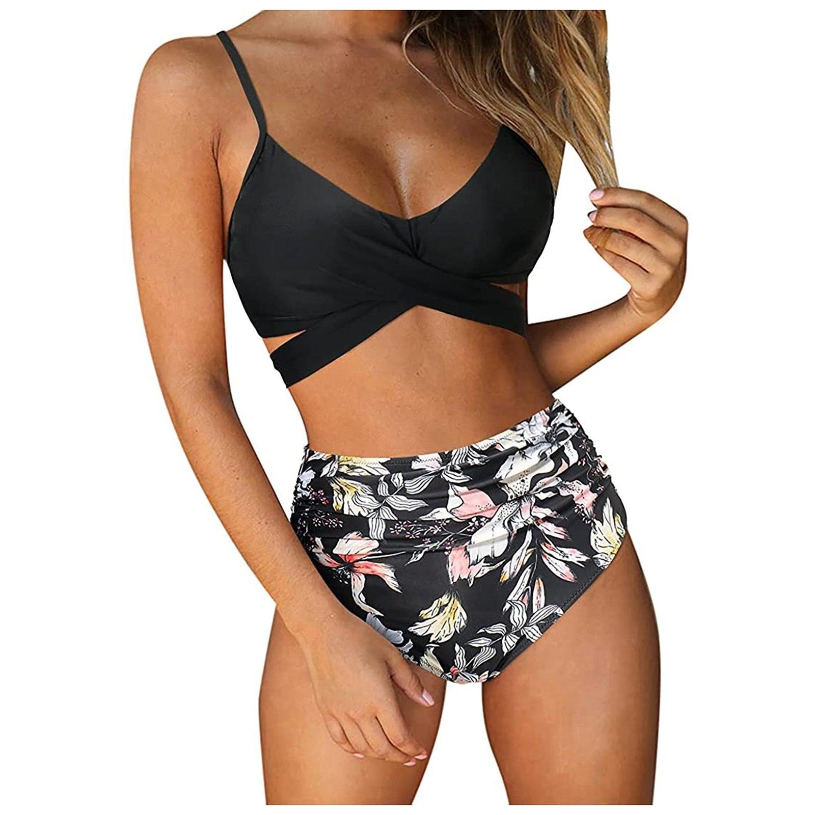 Stevvex modern floral bikini set with high waist, crisscross design, string ties, and colorful flower print for summer swimwear.