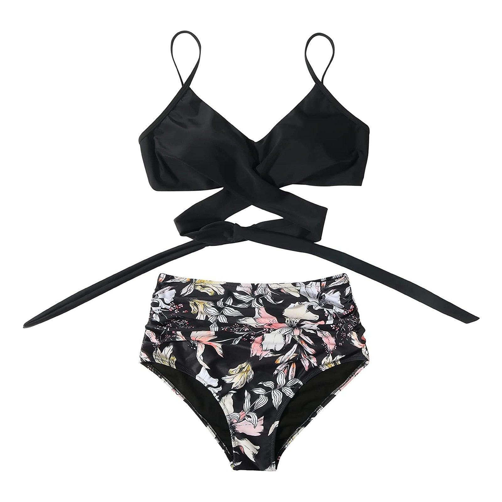 Stevvex modern floral bikini set with high waist, crisscross design, and flower print, perfect for summer beachwear.