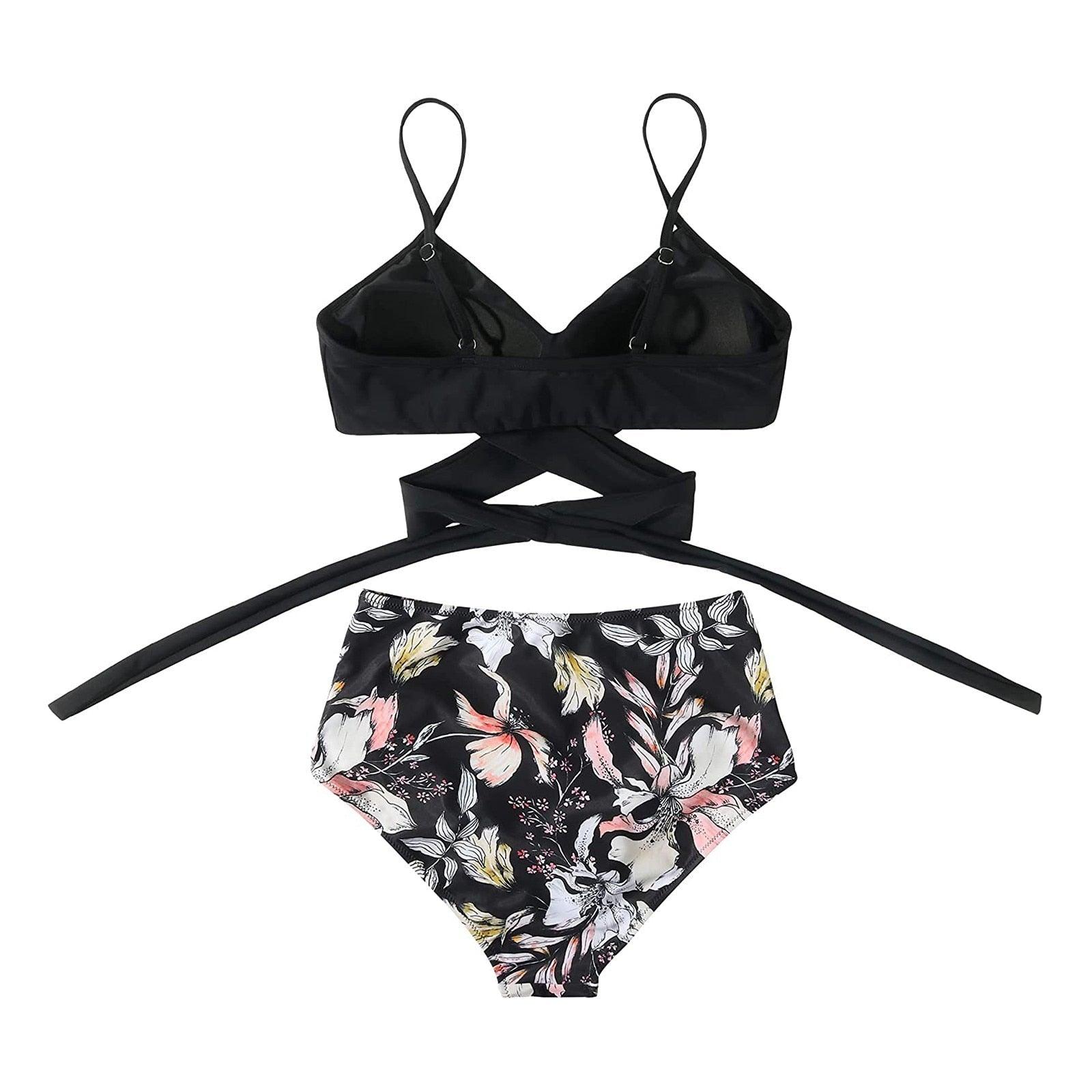 Stevvex modern floral 2-piece bikini set for women, high waist string design with flower print and crisscross details.