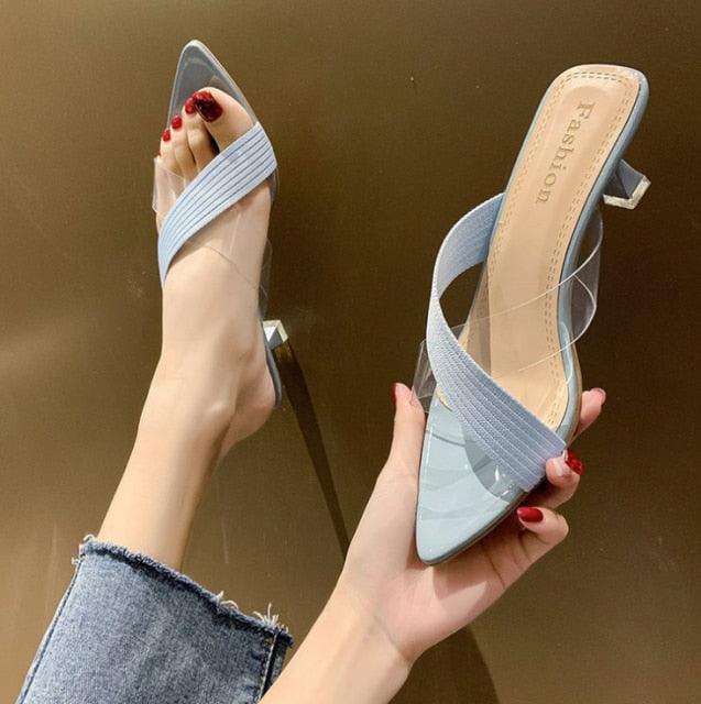 Stevvex Queen Fashion PU sandals for women with transparent pointed toe high heels, perfect for parties and outdoor luxury dress occasions.