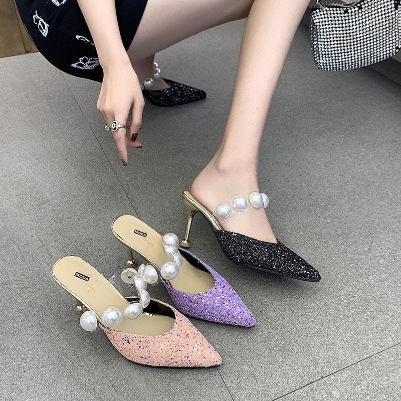 Stevvex Queen Fashion PU sandals for women with transparent pointed toe high heels, suitable for parties and outdoor dress occasions.