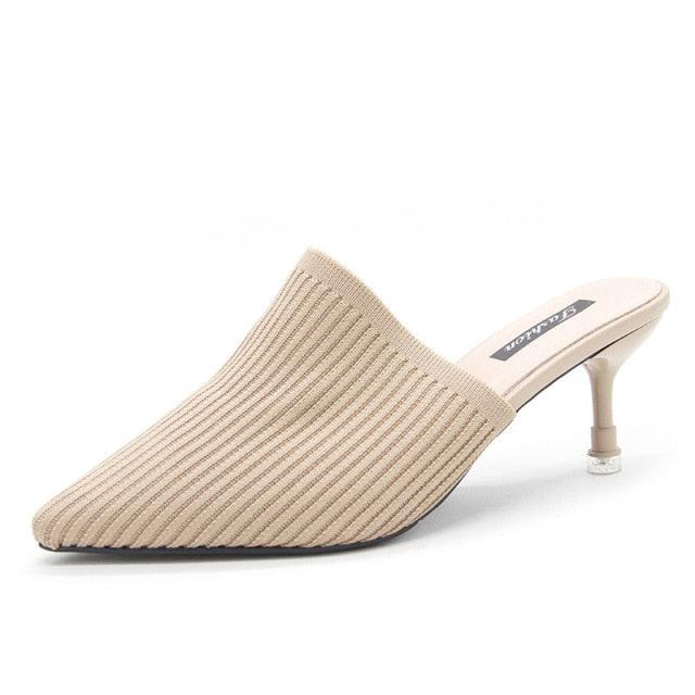 Stevvex Queen Fashion PU sandals for women, transparent pointed toe high heels with knit design, ideal for parties and outdoor dressy occasions.