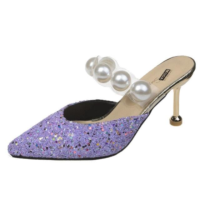 Stevvex Queen Fashion PU sandals for women, transparent pointed toe high heels with knit details, suitable for party and outdoor wear.