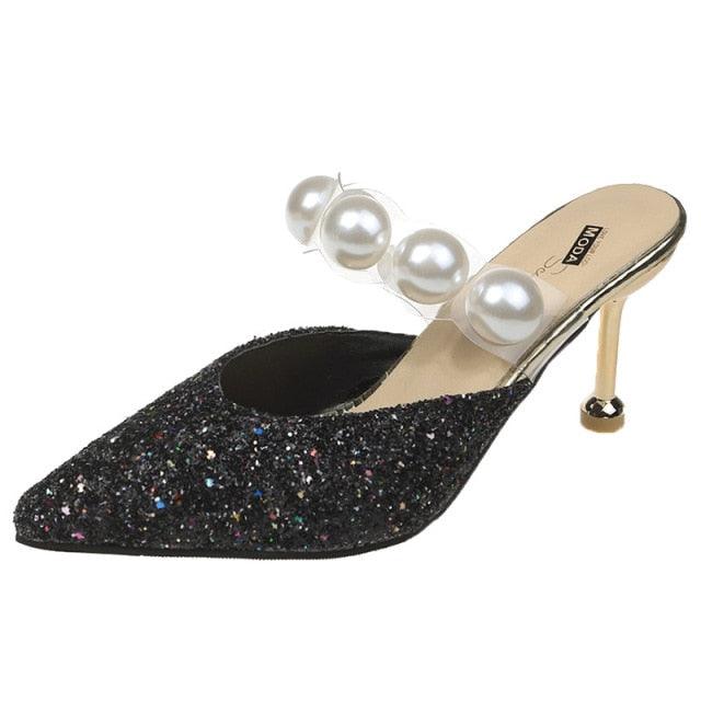 Stevvex Queen Fashion PU transparent high heel sandals with pointed toes, knit design, and outdoor party-ready style.