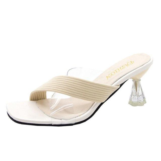 Stevvex Queen Fashion PU high heel sandals for women, transparent pointed toe design with knit accents for party and outdoor wear.