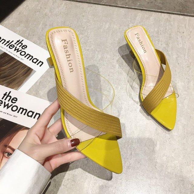 Stevvex Queen Fashion PU Sandals for women, transparent pointed toe high heels with knit detail, suitable for parties and outdoor events.