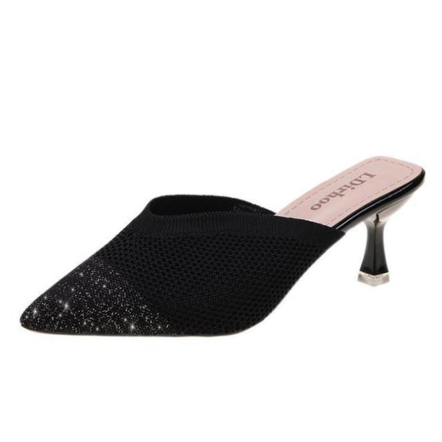 Stevvex Queen Fashion PU sandals for women, transparent pointed toe high heels with knit details, suitable for parties and outdoor events.