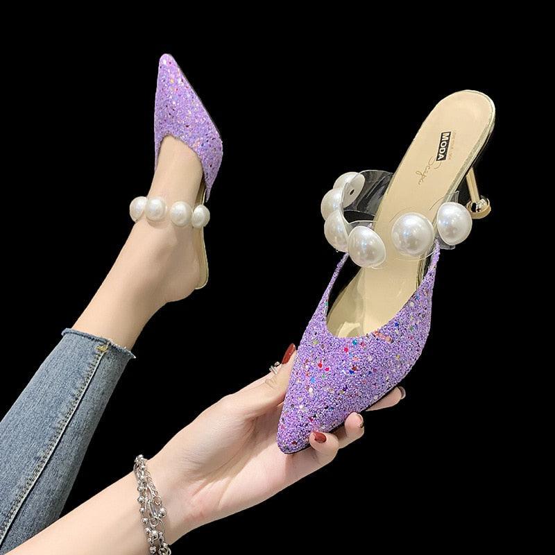 Stevvex Queen Fashion PU Sandals for women, transparent pointed toe high heels, knit design, perfect for parties and outdoor wear.