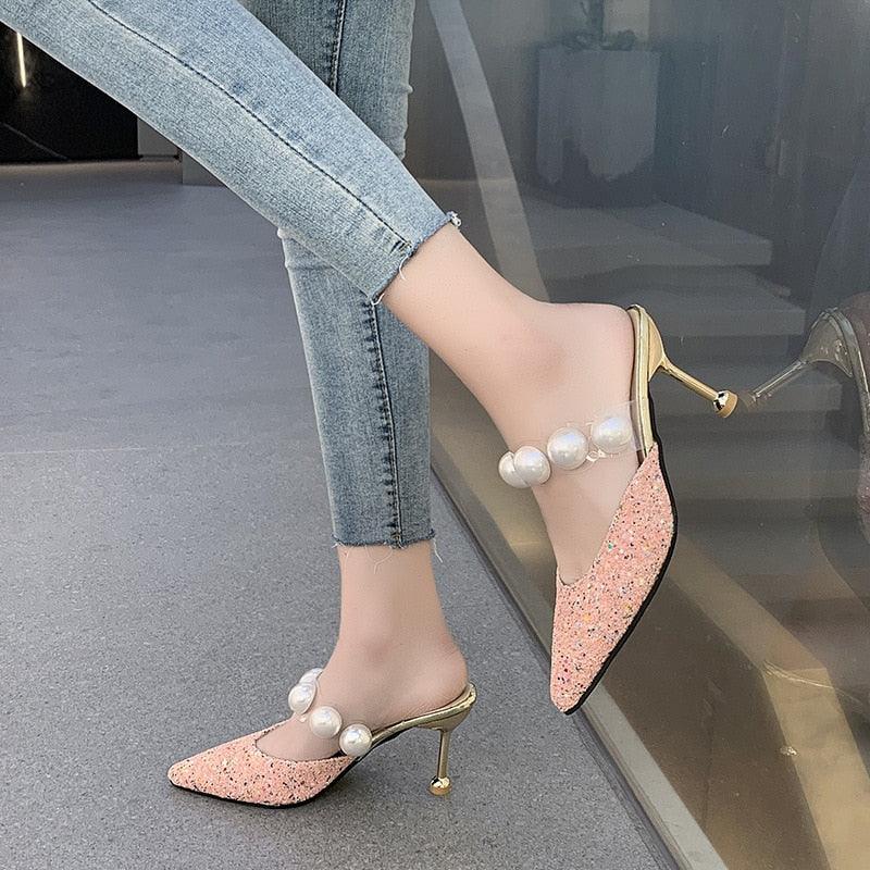 Stevvex Queen Fashion PU sandals for women with transparent pointed toe high heels, perfect for party or outdoor dress.