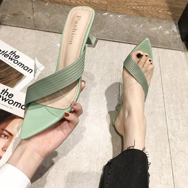 Stevvex Queen Fashion PU transparent knit high heel sandals with pointed toes, suitable for parties and outdoor dress occasions.