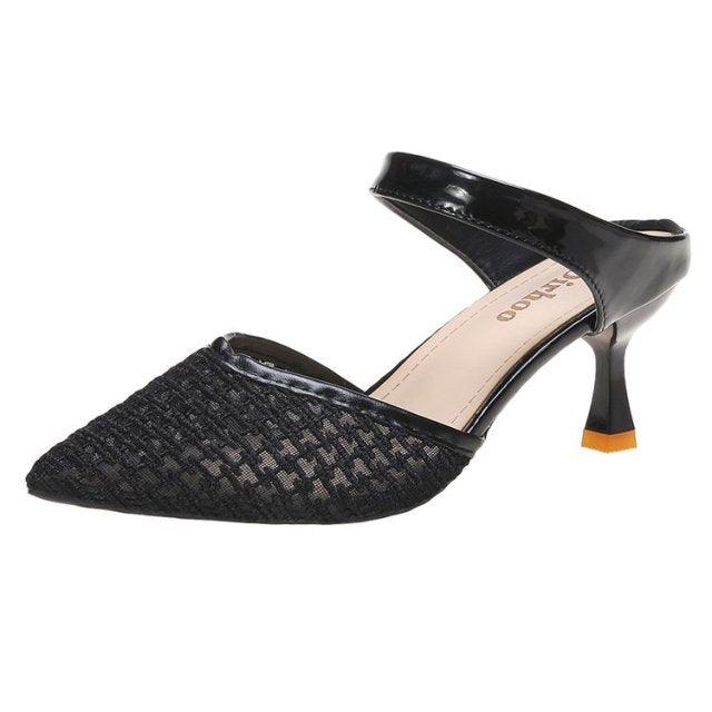 Stevvex Queen Fashion PU transparent sandals with pointed toes, high heels, and knit straps for women’s outdoor and party wear.