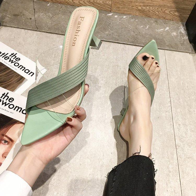 Stevvex Queen Fashion PU sandals for women, transparent pointed toe high heels with knit detail, suitable for outdoor and party wear.