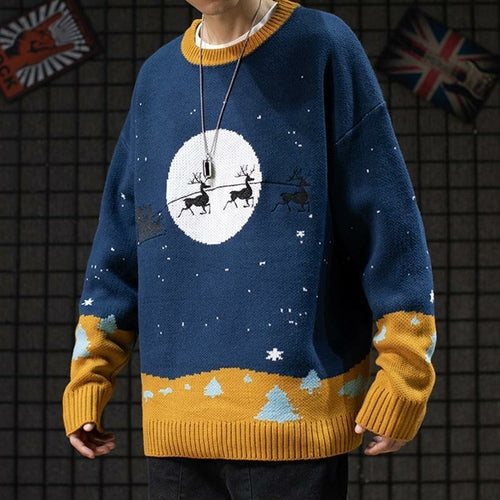 Men's Sweaters Winter Warm Knitted Sweater Christmas Deer Print Blue Charlie