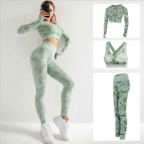 3pcs Women Carmful Camo Yoga Set Women Seamless Fitness Yoga Bra Sport Jade