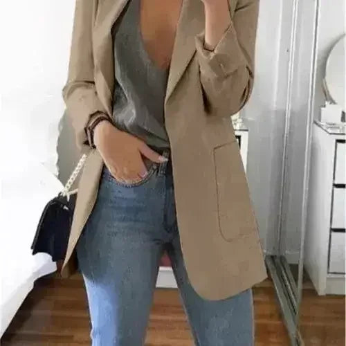 Femstylo women's casual slim blazer suit jacket, stylish office wear for autumn, suitable for home and professional settings.