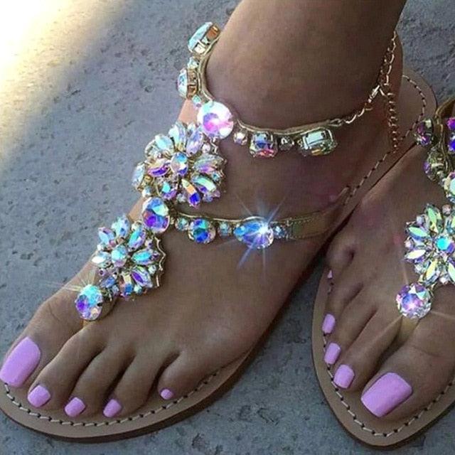 Stevvex rhinestone summer beach sandals for women, open-toe flat flip flops with glittering crystals and casual slip-on style.
