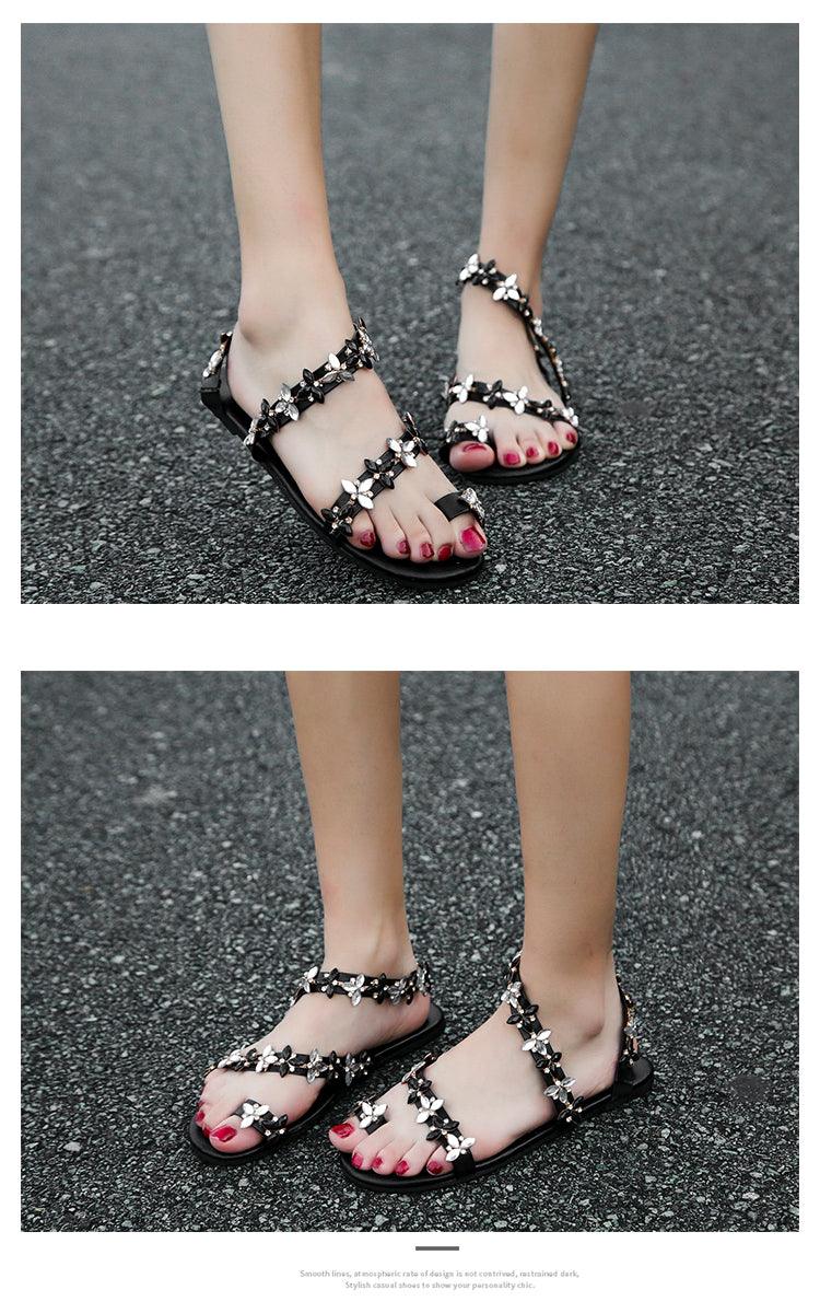 Women’s rhinestone sandals by Stevvex, open-toe flat beach slippers with glittering crystals and casual summer slip-on design.