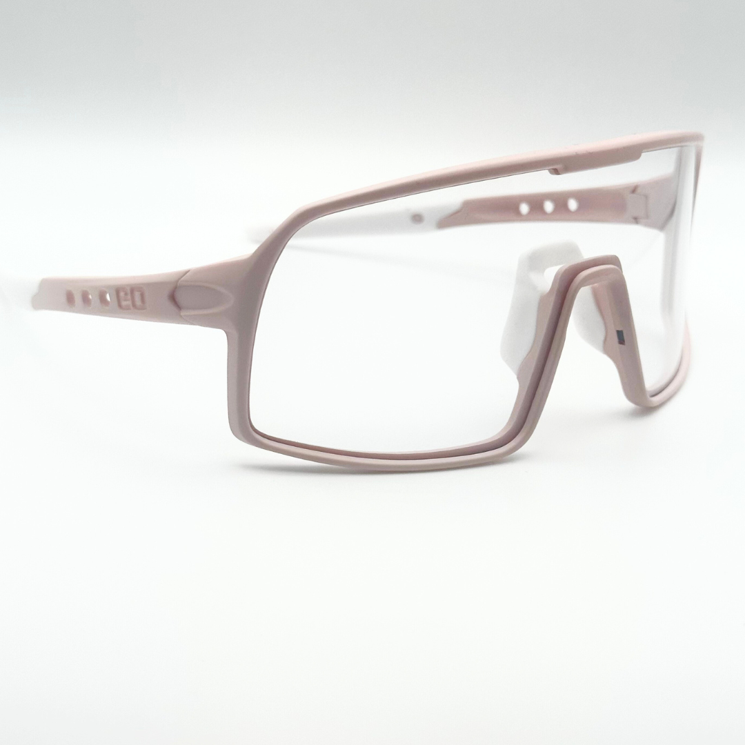 Eastern Outer Mojave sunglasses with photochromic lenses, rose-tinted frame, right angle view showing stylish design