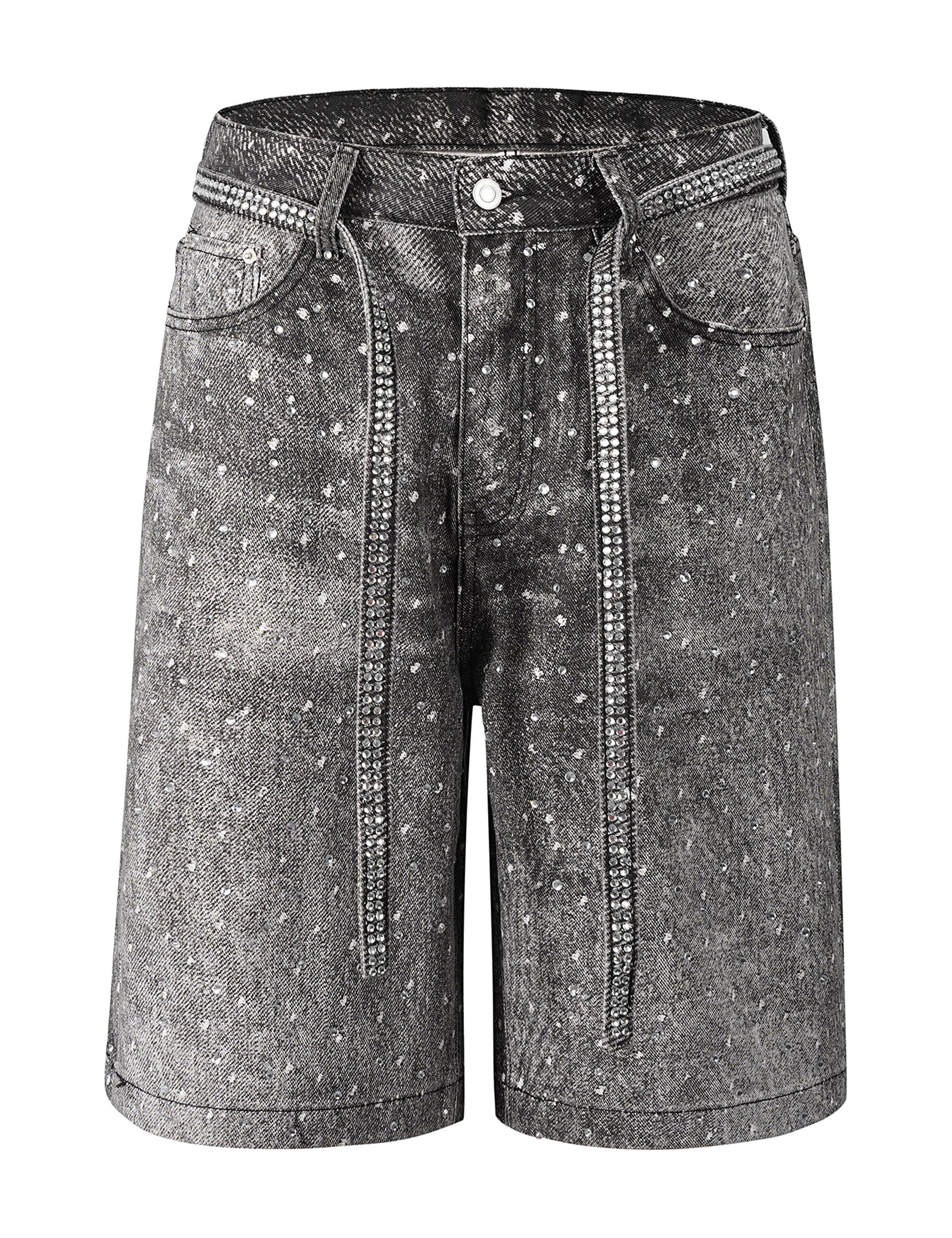 Black denim shorts with rhinestone embellishments from UNDEVELOPED's NOIR RHINESTONE SHORTS collection, featuring a stylish, fitted design.