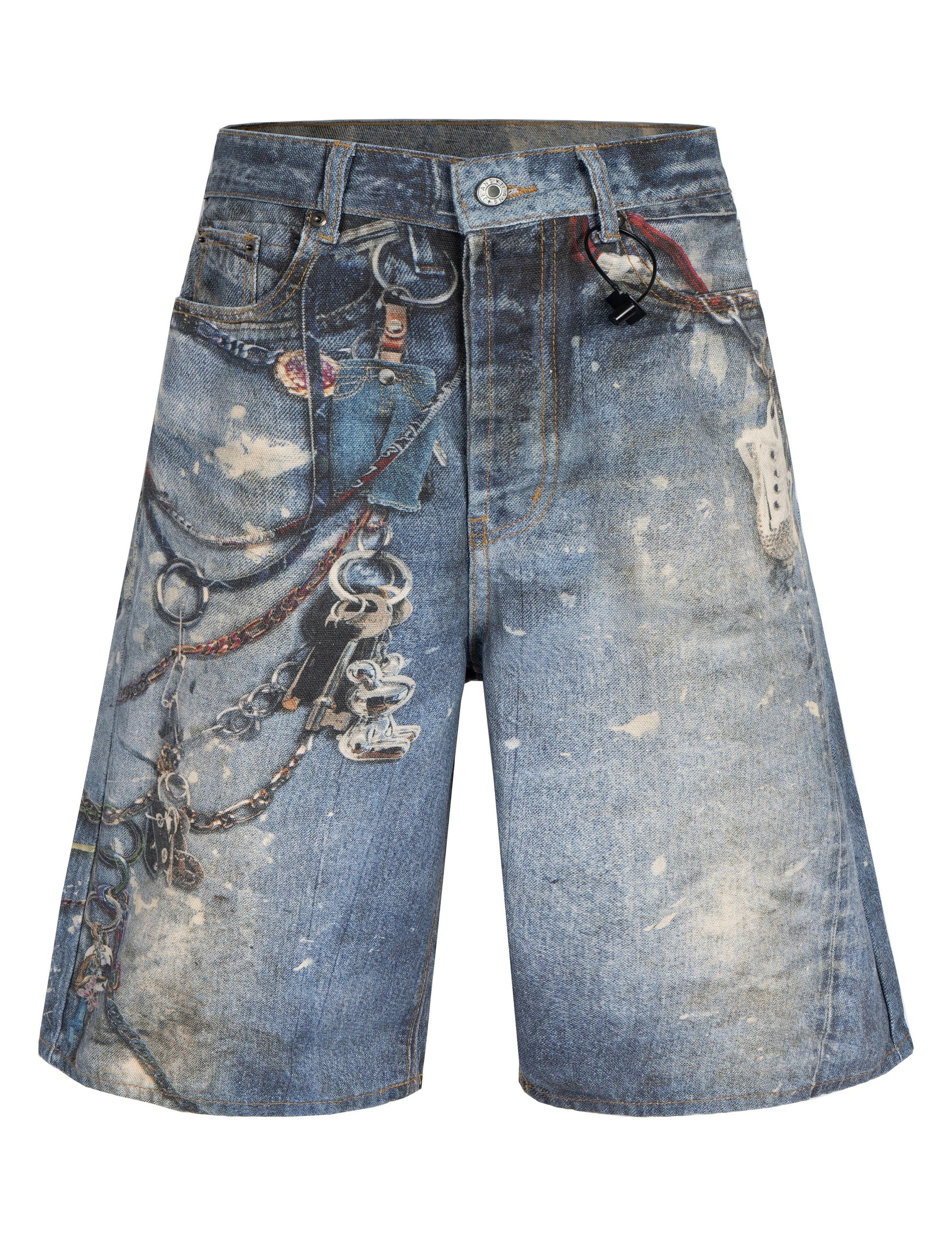 Undeveloped locksmith denim shorts with distressed detail and classic five-pocket design, casual summer style.