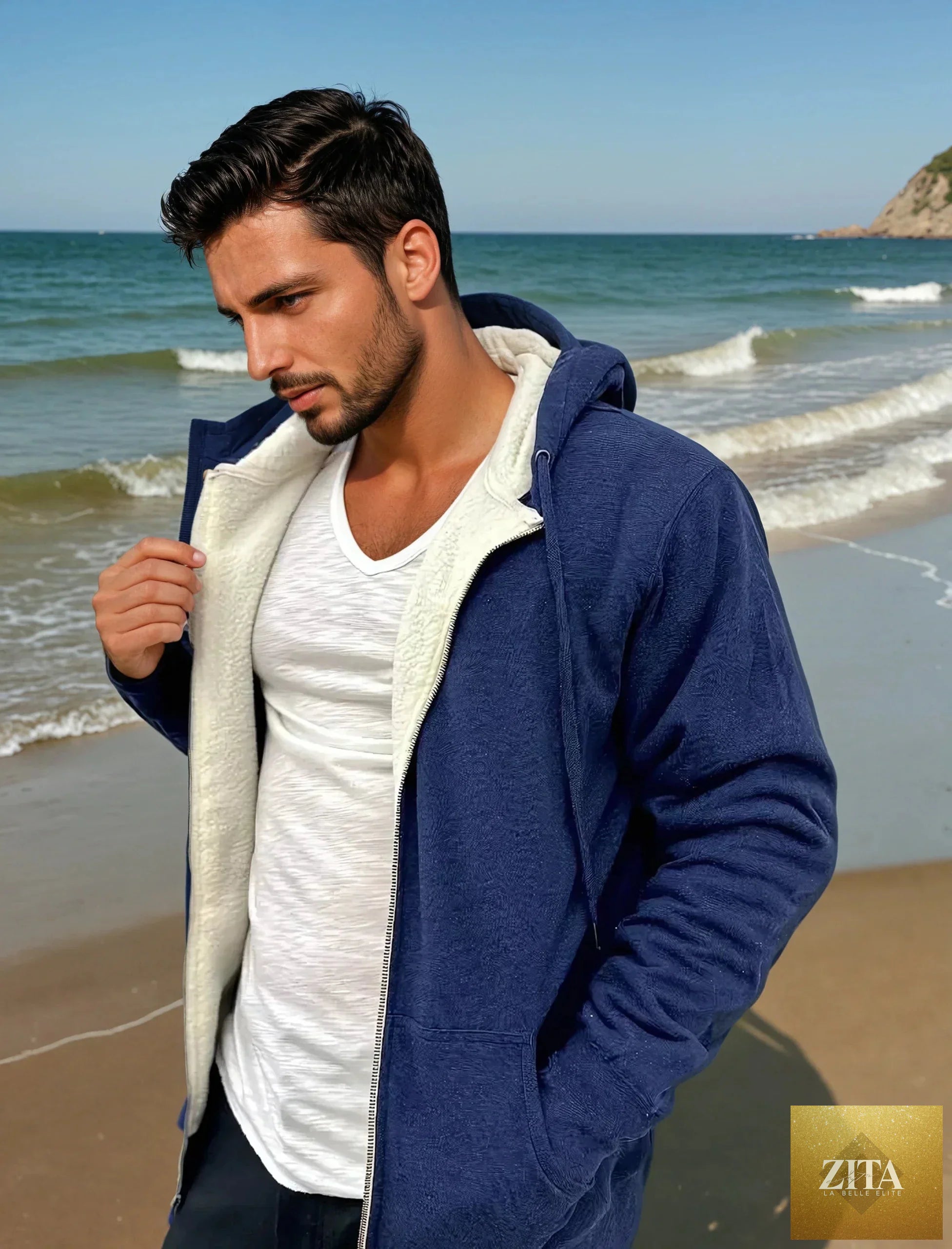 Kinetix Mammoth Zip Sherpa Hoodie in navy with white interior, featuring a cozy sherpa lining and casual zip-up design.