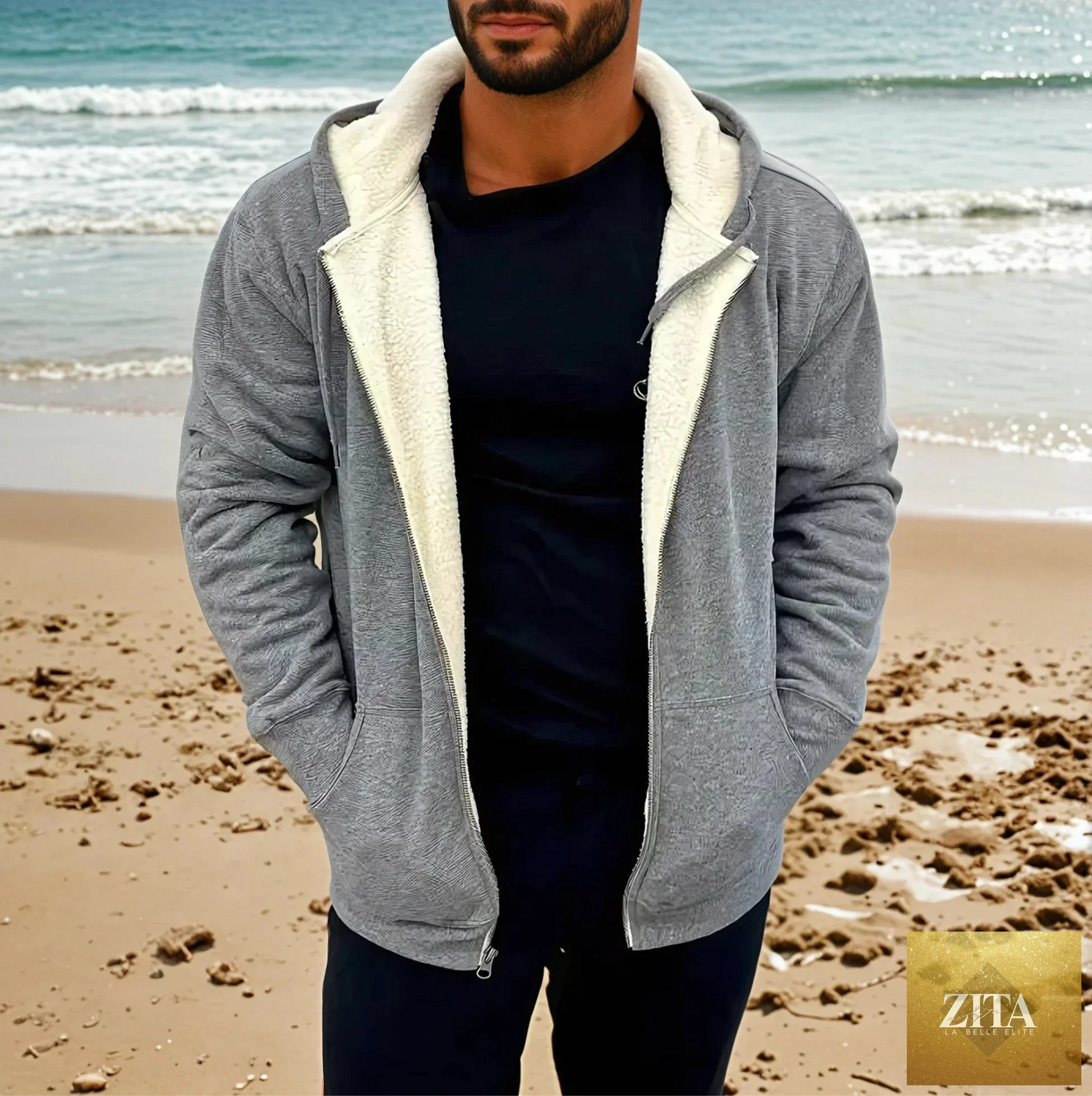 Kinetix Mammoth Zip Sherpa Hoodie in gray with white interior, featuring a cozy sherpa lining and casual hoodie design.