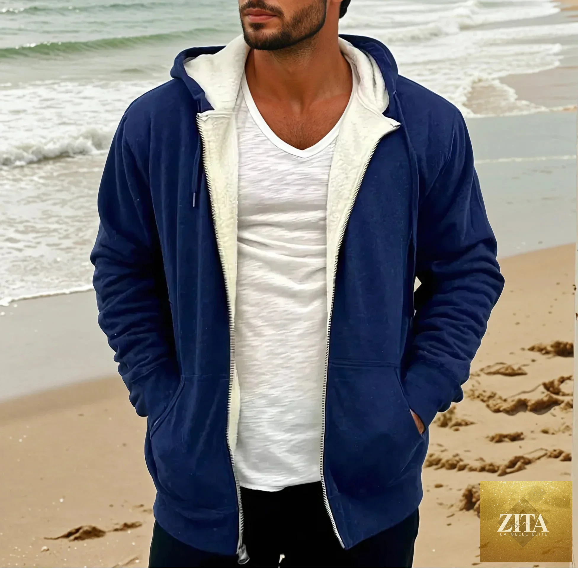 Kinetix Mammoth Zip Sherpa Hoodie in navy with white interior, soft fleece-lined hoodie with front zipper and cozy casual style.