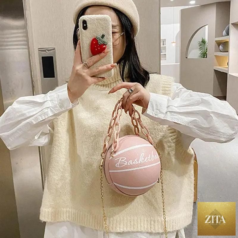 Stunning Ball Purses For Teenagers And Women Stylish Shoulder Bags, Crossbody Chain Hand Bags Personalit Leather Pink Basketball Bag For Females