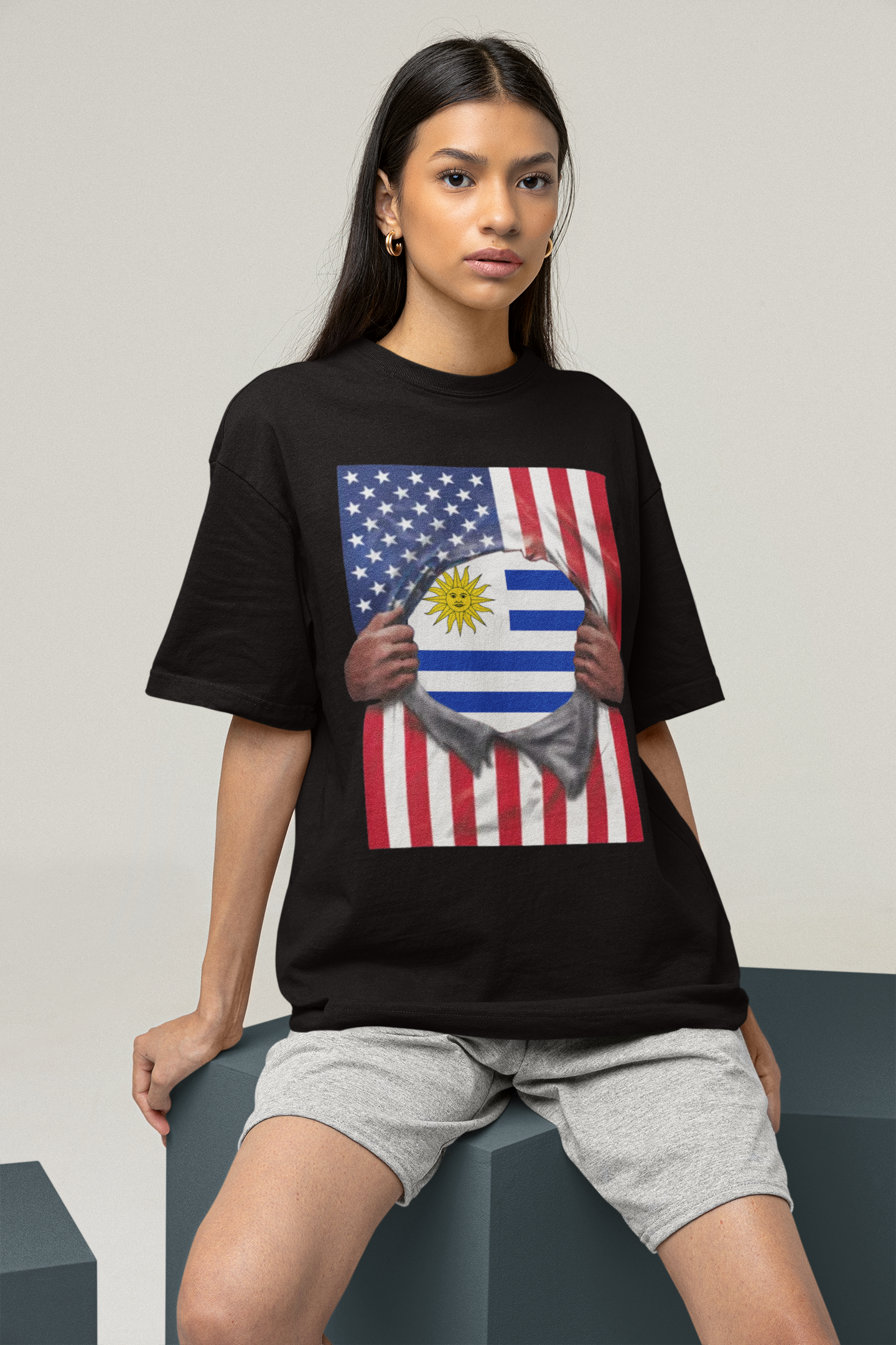 Uruguay Flag + USA Flag Pride T-shirt | Uruguayan + American Flag Rip 4th Of July | Funny Latino Tees | Heavyweight Cotton