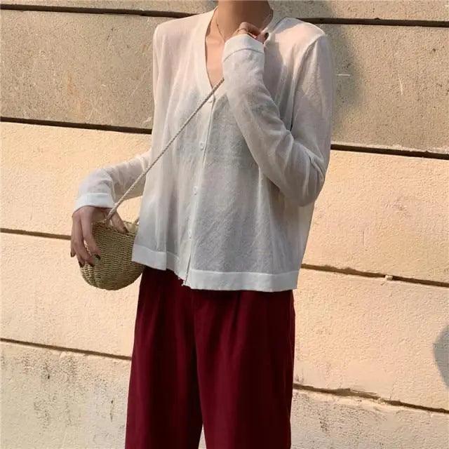 Cardigan For Women Long Sleeve Cardigan Summer Cropped Cardigan Knitted V neck Thin Ice Silk Sweaters Sunscreen Shirt Tops