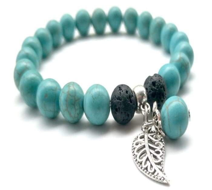 Turquoise Lava Stone Feather Charm Essential Oil Bracelet Green Danae