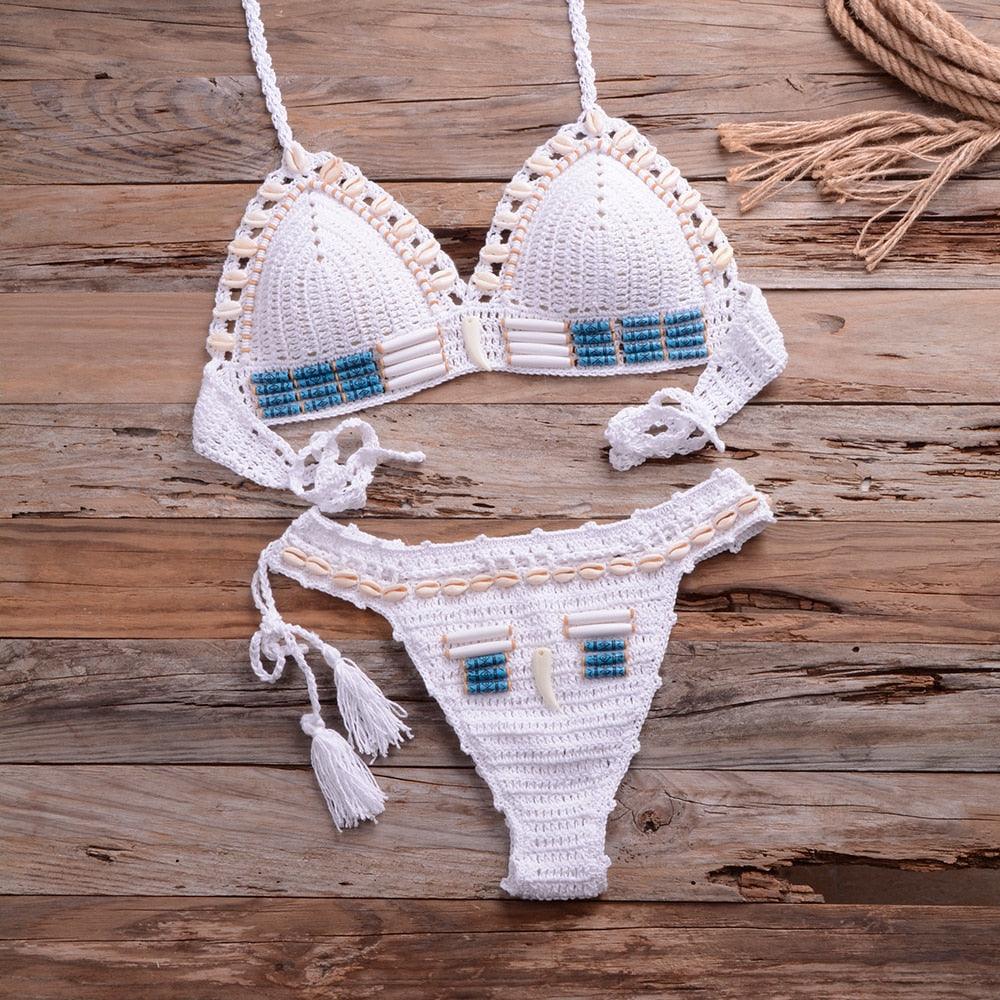 Vintage Blue Bikinis 2 Piece Halter Bikini Set Women High Waist Sequin Swimsuit  Set Handmade Crochet High Quality Swimsuit Women Push Up Swimwear Knitted Beach Wear Bathing Suit