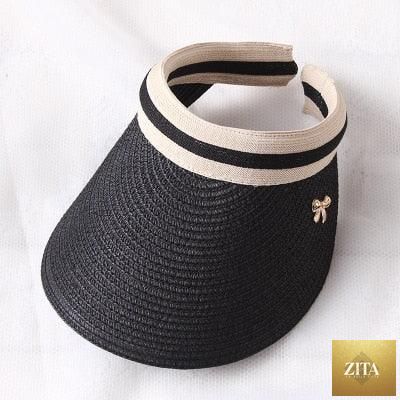 Vintage Women's Sun Hats Handmade Straw Visor Caps Fashionable Adult Sun Beach Top Hats Cute Bowknot Design Fashion Summer Women's Casual Caps Straw Hats Parent-Child Summer Hat Empty Top Beach Hat
