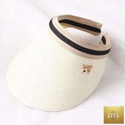 Vintage Women's Sun Hats Handmade Straw Visor Caps Fashionable Adult Sun Beach Top Hats Cute Bowknot Design Fashion Summer Women's Casual Caps Straw Hats Parent-Child Summer Hat Empty Top Beach Hat