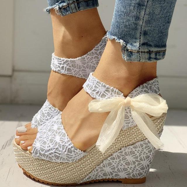 Stevvex wedding lace high heels and summer espadrille sandals with ankle straps, lace bows, and platform high heels.