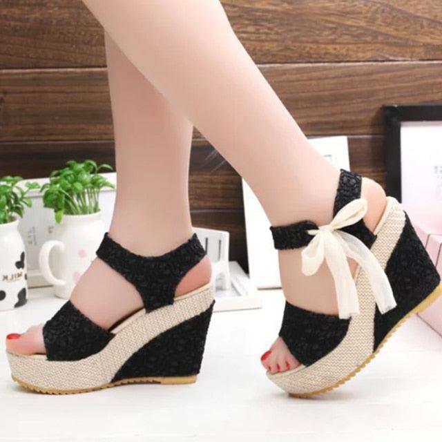 Stevvex wedding lace high heels with ankle strap, bow detail, espadrille platform, summer sandals for women, casual and beach wear
